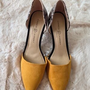 Chinese Laundry Mustard Yellow Pointed D'Orsay Flats with Snakeskin Heel